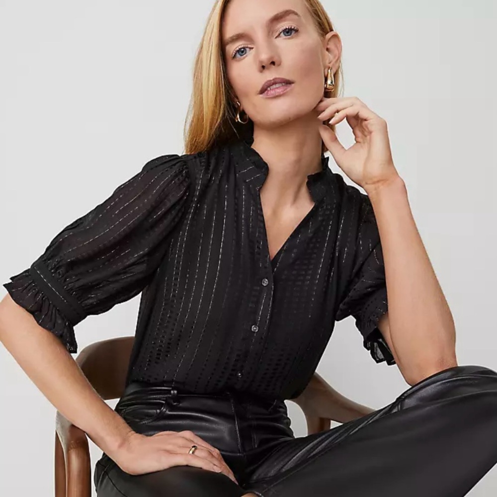 Black Blouse with Puff Sleeves and Mandarin Collar